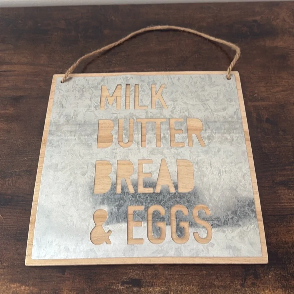 Milk Butter Bread Eggs Rustic Farmhouse Metal Wood Kitchen Wall Decor Sign Art